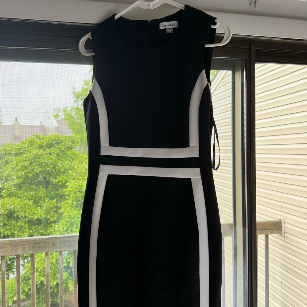 Calvin Klein Black and White Sheath Midi Dress